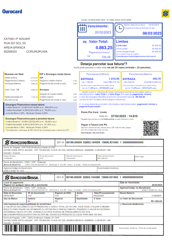 BRASIL BANCO DO BRASIL utility bill Word and PDF template